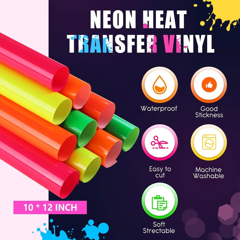 Tintnut Neon PU HTV for T-Shirt 12x10 inch 10 Sheets 5 Assorted Color Iron on Vinyl Heat Transfer Vinyl Bundle Easy to Weed HTV Vinyl for DIY T-Shirts - Image 2